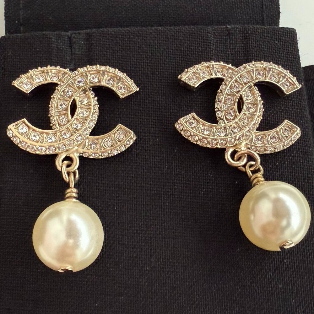Chanel CC Resin and Strass Metal Pearl Drop Earrings